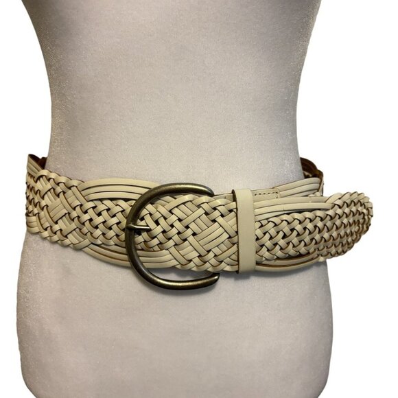 Genuine Bonded Leather White Braided Belt Silvertone Buckle - Picture 1 of 4